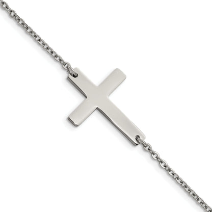 Stainless Steel Chisel Polished Sideways Cross 7.25 Inch Bracelet