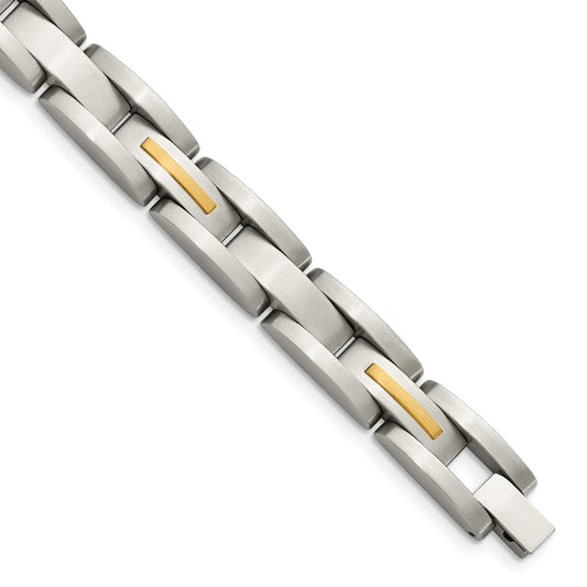 Stainless Steel Chisel With 14K Gold Accent Brushed 8 Inch Link Bracelet
