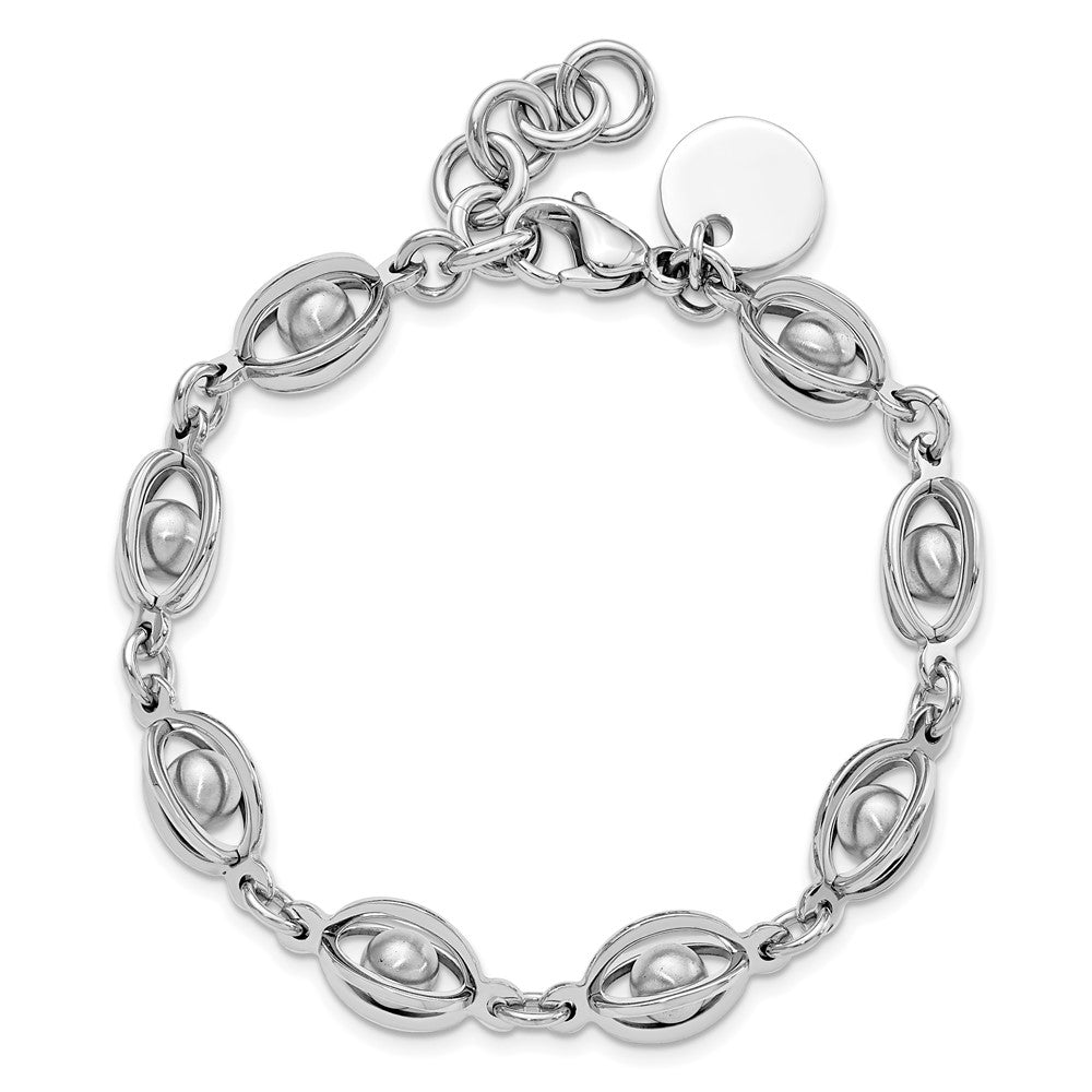 8 Inch Stainless Steel Polished & Satin Oval Moveable Ball Bracelet