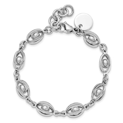 8 Inch Stainless Steel Polished & Satin Oval Moveable Ball Bracelet