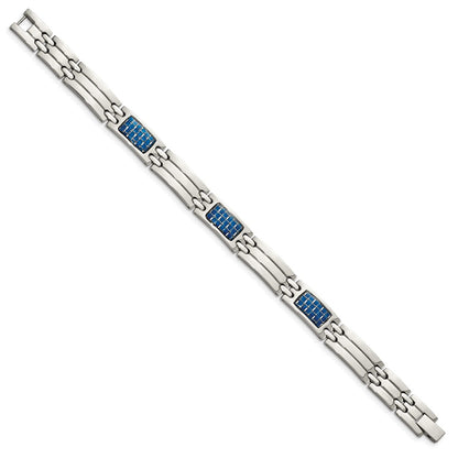 Stainless Steel Chisel Polished With Blue Carbon Fiber Inlay 8.5 Inch Link Bracelet