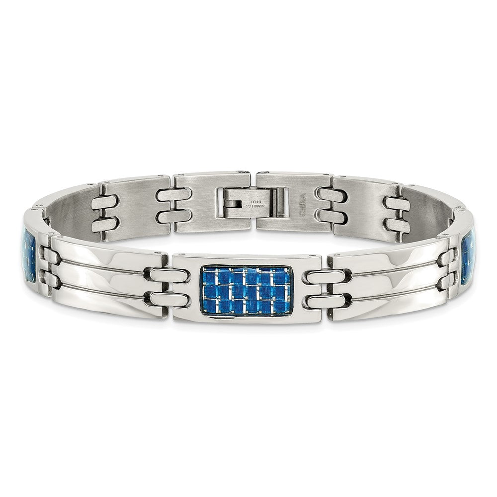 Stainless Steel Chisel Polished With Blue Carbon Fiber Inlay 8.5 Inch Link Bracelet