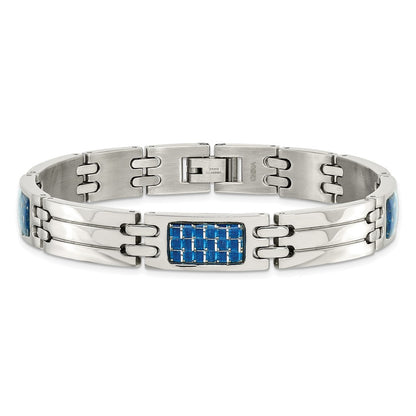 Stainless Steel Chisel Polished With Blue Carbon Fiber Inlay 8.5 Inch Link Bracelet