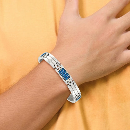Stainless Steel Chisel Polished With Blue Carbon Fiber Inlay 8.5 Inch Link Bracelet