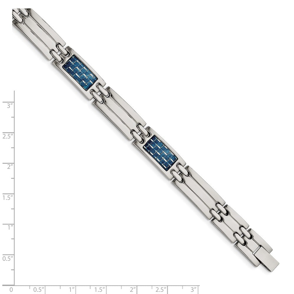 Stainless Steel Chisel Polished With Blue Carbon Fiber Inlay 8.5 Inch Link Bracelet