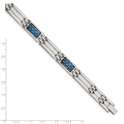 Stainless Steel Chisel Polished With Blue Carbon Fiber Inlay 8.5 Inch Link Bracelet