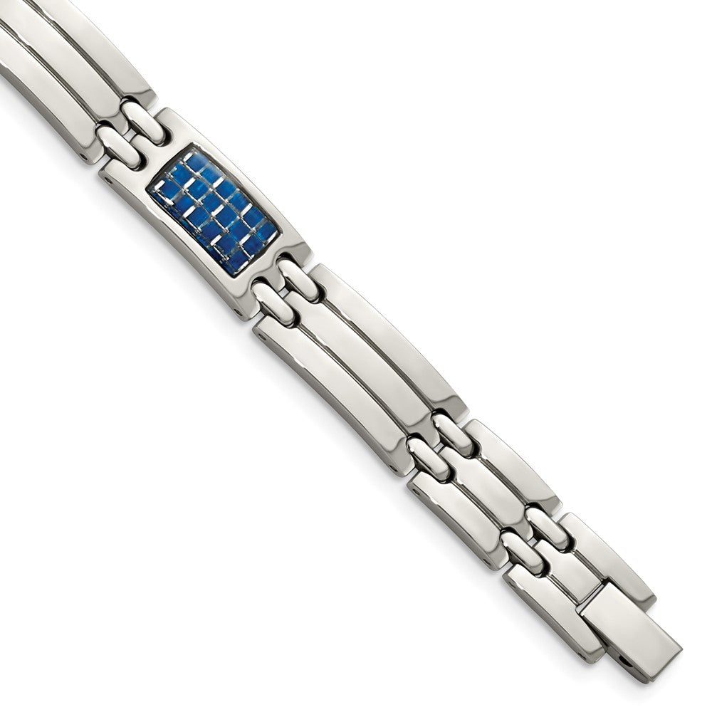 Stainless Steel Chisel Polished With Blue Carbon Fiber Inlay 8.5 Inch Link Bracelet