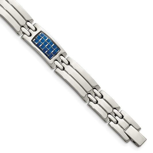 Stainless Steel Chisel Polished With Blue Carbon Fiber Inlay 8.5 Inch Link Bracelet
