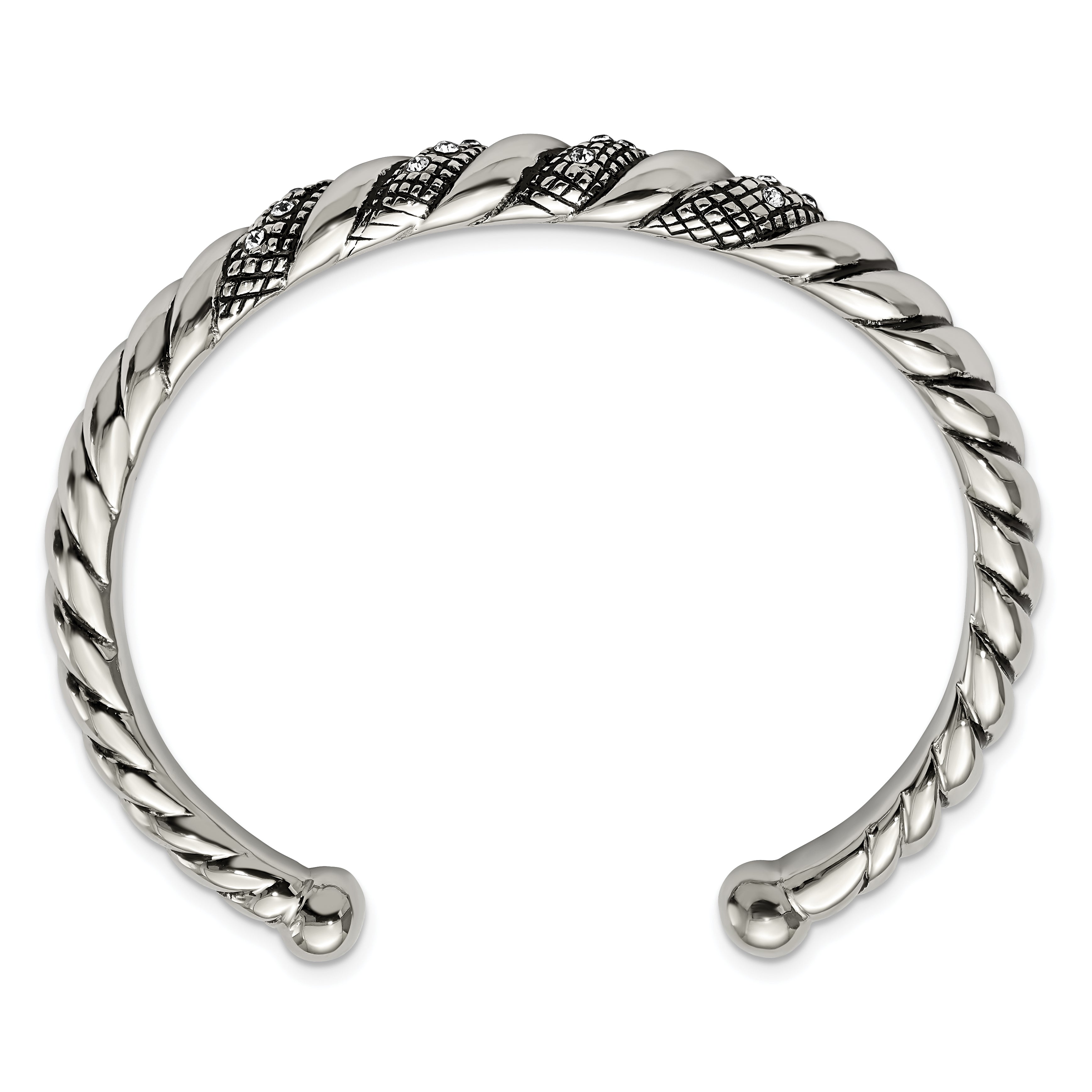 Stainless Steel Polished And Antiqued W/Crystal Cuff Bangle
