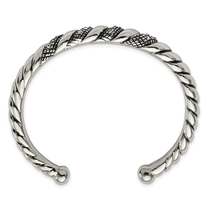 Stainless Steel Polished And Antiqued W/Crystal Cuff Bangle