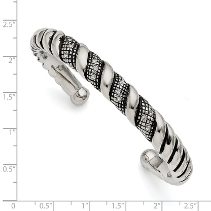 Stainless Steel Polished And Antiqued W/Crystal Cuff Bangle