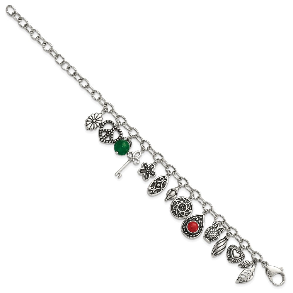 9 Inch Stainless Steel Polished & Antiqued Synthetic Jade Red Glass W/ 2In Ext. Charm Bracelet