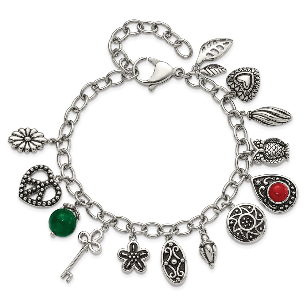 9 Inch Stainless Steel Polished & Antiqued Synthetic Jade Red Glass W/ 2In Ext. Charm Bracelet