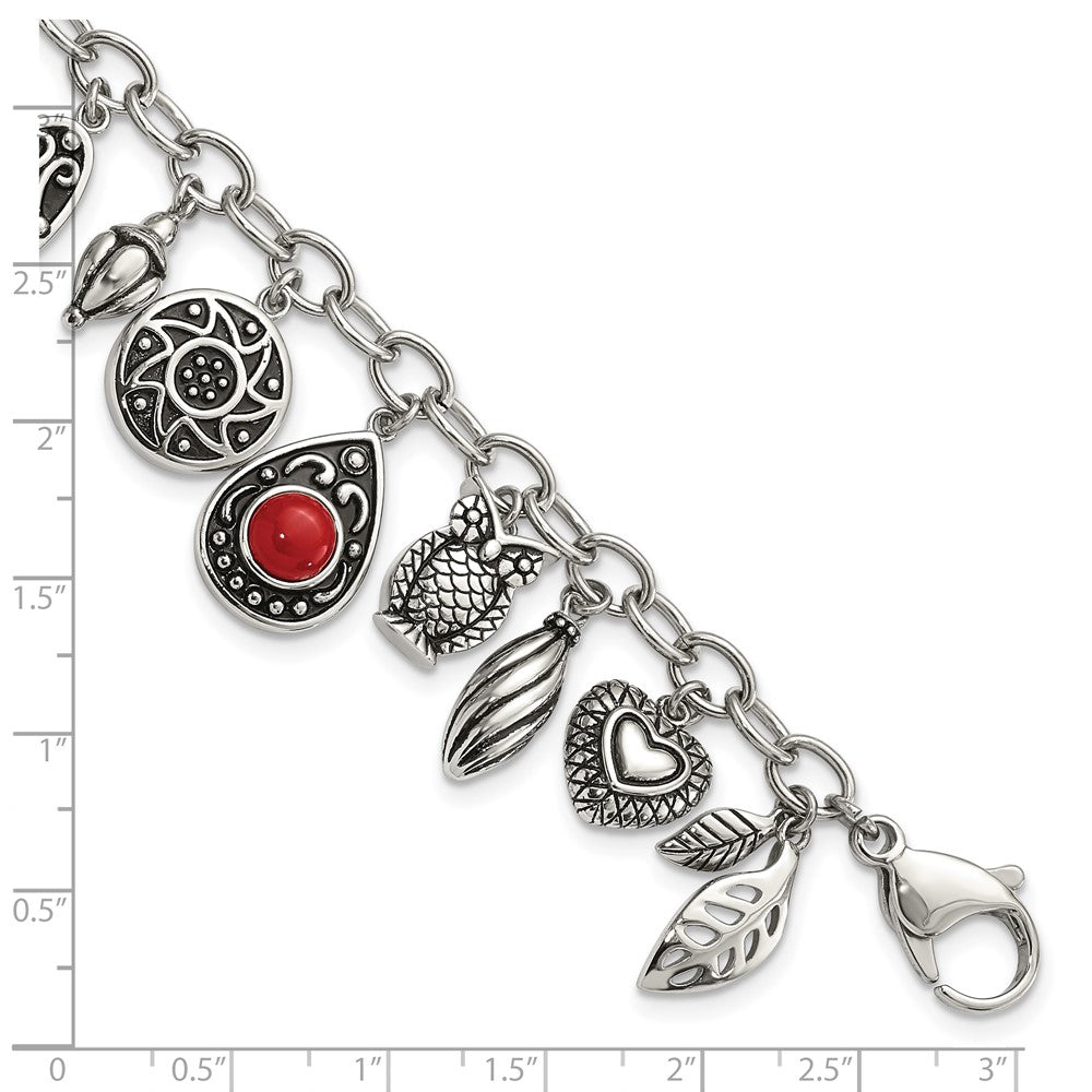 9 Inch Stainless Steel Polished & Antiqued Synthetic Jade Red Glass W/ 2In Ext. Charm Bracelet