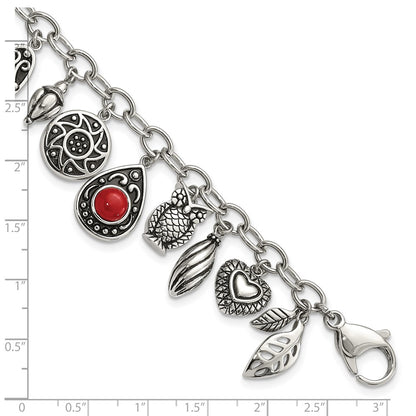 9 Inch Stainless Steel Polished & Antiqued Synthetic Jade Red Glass W/ 2In Ext. Charm Bracelet