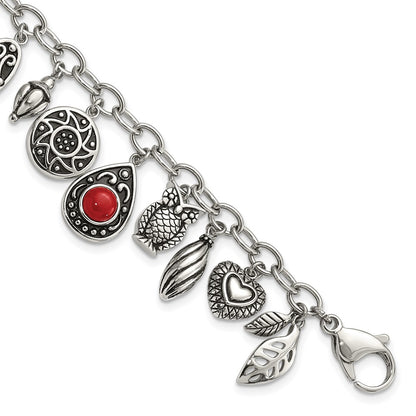 9 Inch Stainless Steel Polished & Antiqued Synthetic Jade Red Glass W/ 2In Ext. Charm Bracelet