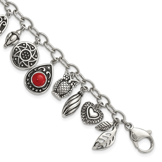 9 Inch Stainless Steel Polished & Antiqued Synthetic Jade Red Glass W/ 2In Ext. Charm Bracelet