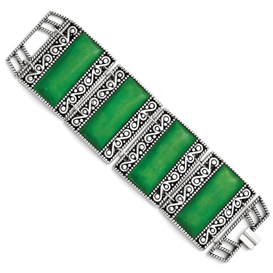 7.75 Inch Stainless Steel Synthetic Jade Antiqued Bracelet