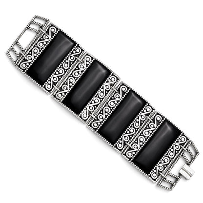 7.75 Inch Stainless Steel Black Onyx Antiqued Bracelet