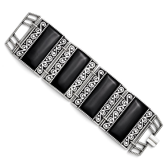 7.75 Inch Stainless Steel Black Onyx Antiqued Bracelet