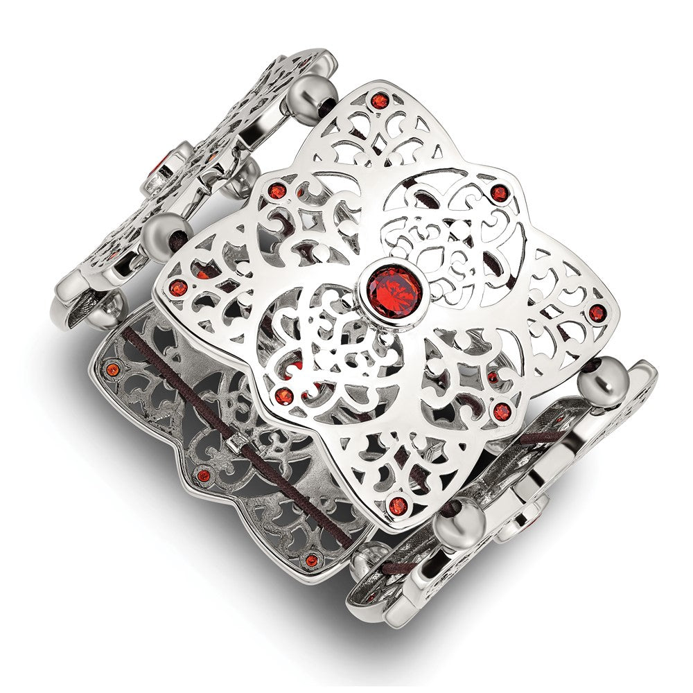 Stainless Steel Polished W/Red Cz Stretch Bracelet
