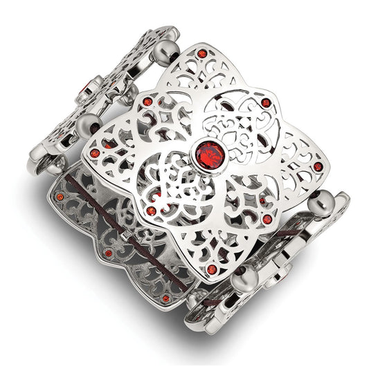 Stainless Steel Polished W/Red Cz Stretch Bracelet