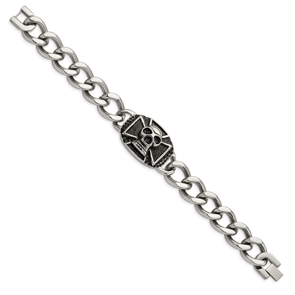 Stainless Steel Chisel Antiqued And Polished Skull 9 Inch Curb Bracelet