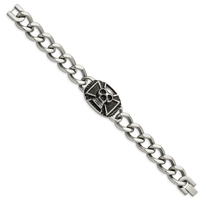 Stainless Steel Chisel Antiqued And Polished Skull 9 Inch Curb Bracelet
