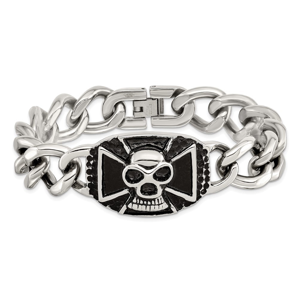 Stainless Steel Chisel Antiqued And Polished Skull 9 Inch Curb Bracelet