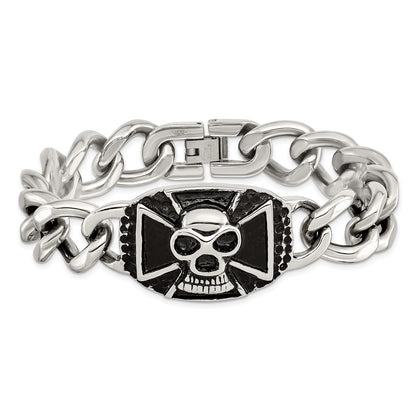 Stainless Steel Chisel Antiqued And Polished Skull 9 Inch Curb Bracelet