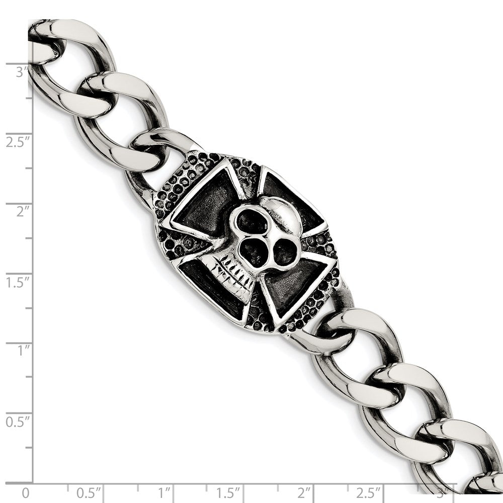 Stainless Steel Chisel Antiqued And Polished Skull 9 Inch Curb Bracelet