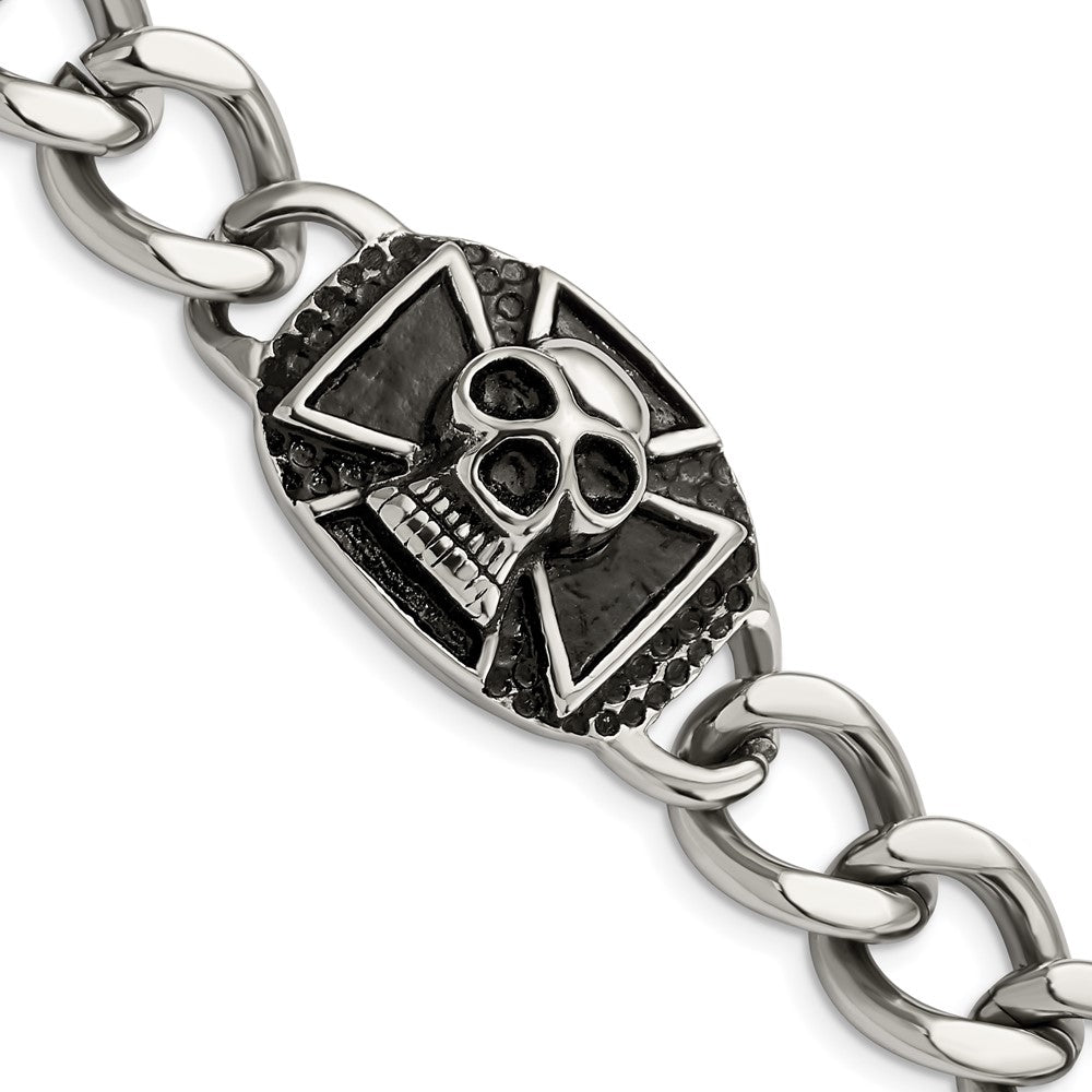 Stainless Steel Chisel Antiqued And Polished Skull 9 Inch Curb Bracelet