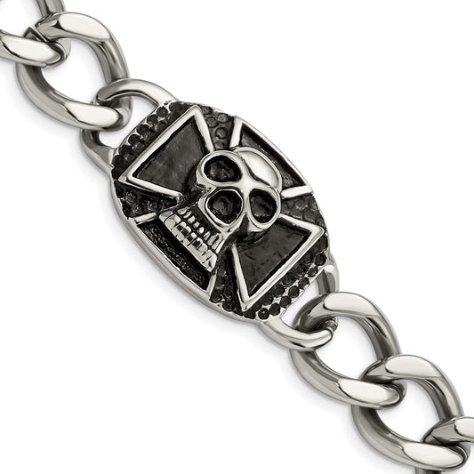 Stainless Steel Chisel Antiqued And Polished Skull 9 Inch Curb Bracelet
