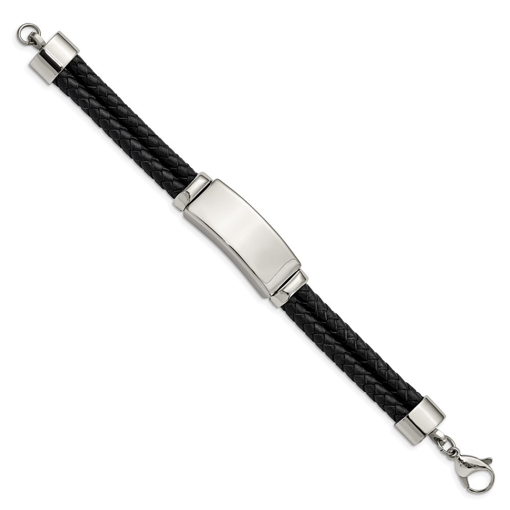 Stainless Steel Chisel Polished Black Woven Leather Multi Strand 8.25 Inch Id Bracelet