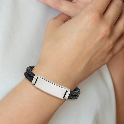 Stainless Steel Chisel Polished Black Woven Leather Multi Strand 8.25 Inch Id Bracelet