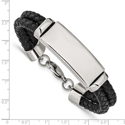 Stainless Steel Chisel Polished Black Woven Leather Multi Strand 8.25 Inch Id Bracelet