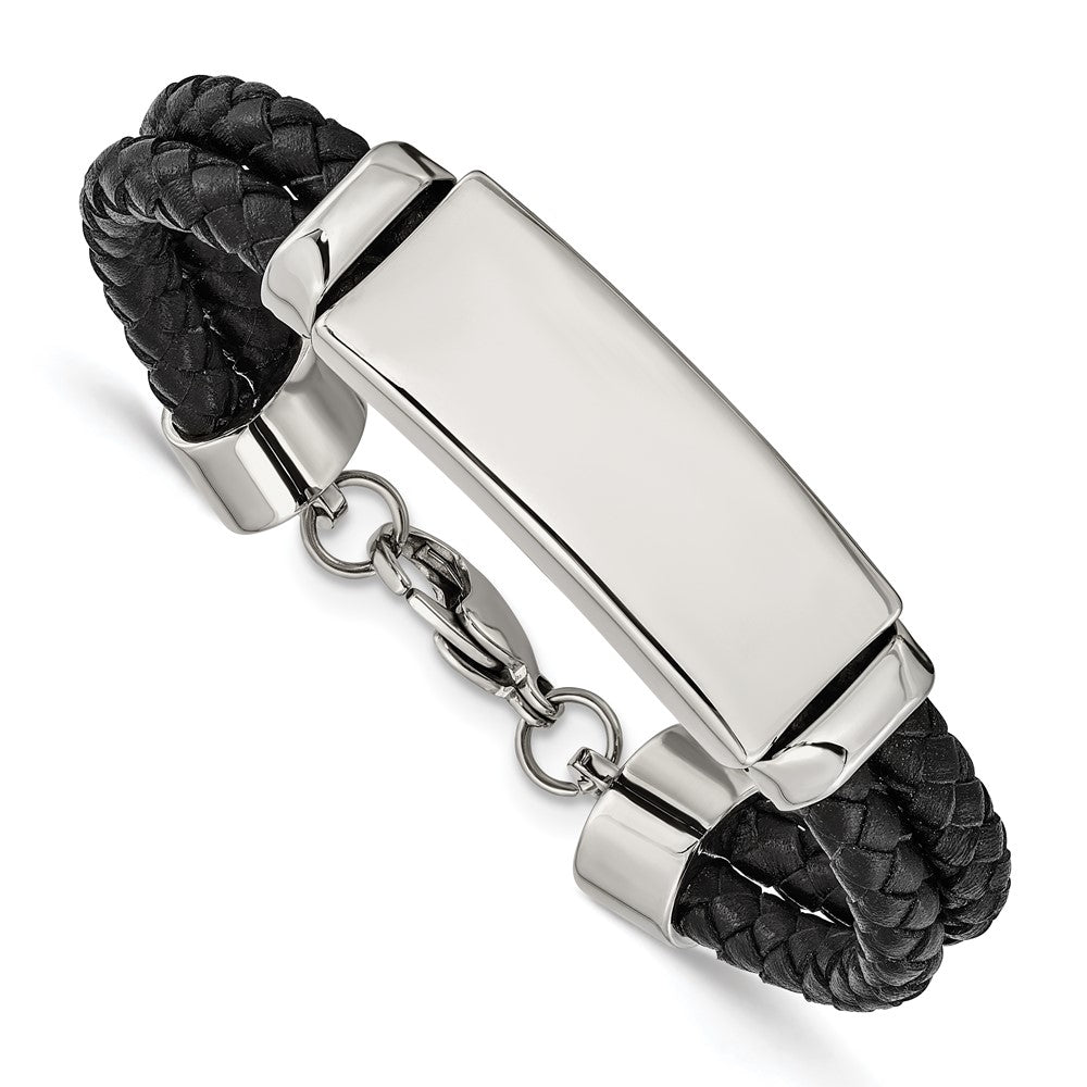 Stainless Steel Chisel Polished Black Woven Leather Multi Strand 8.25 Inch Id Bracelet