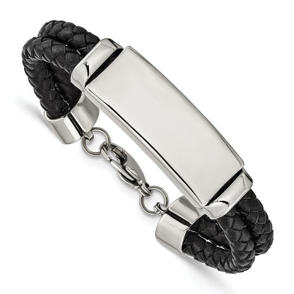 Stainless Steel Chisel Polished Black Woven Leather Multi Strand 8.25 Inch Id Bracelet