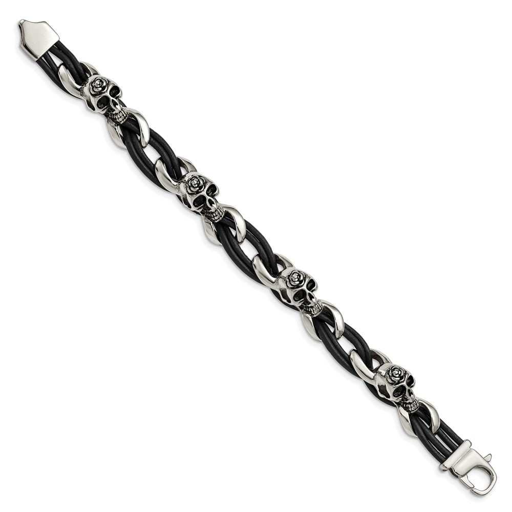 Stainless Steel Chisel Antiqued And Polished Skulls With Roses Black Leather 8 Inch Bracelet