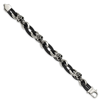 Stainless Steel Chisel Antiqued And Polished Skulls With Roses Black Leather 8 Inch Bracelet