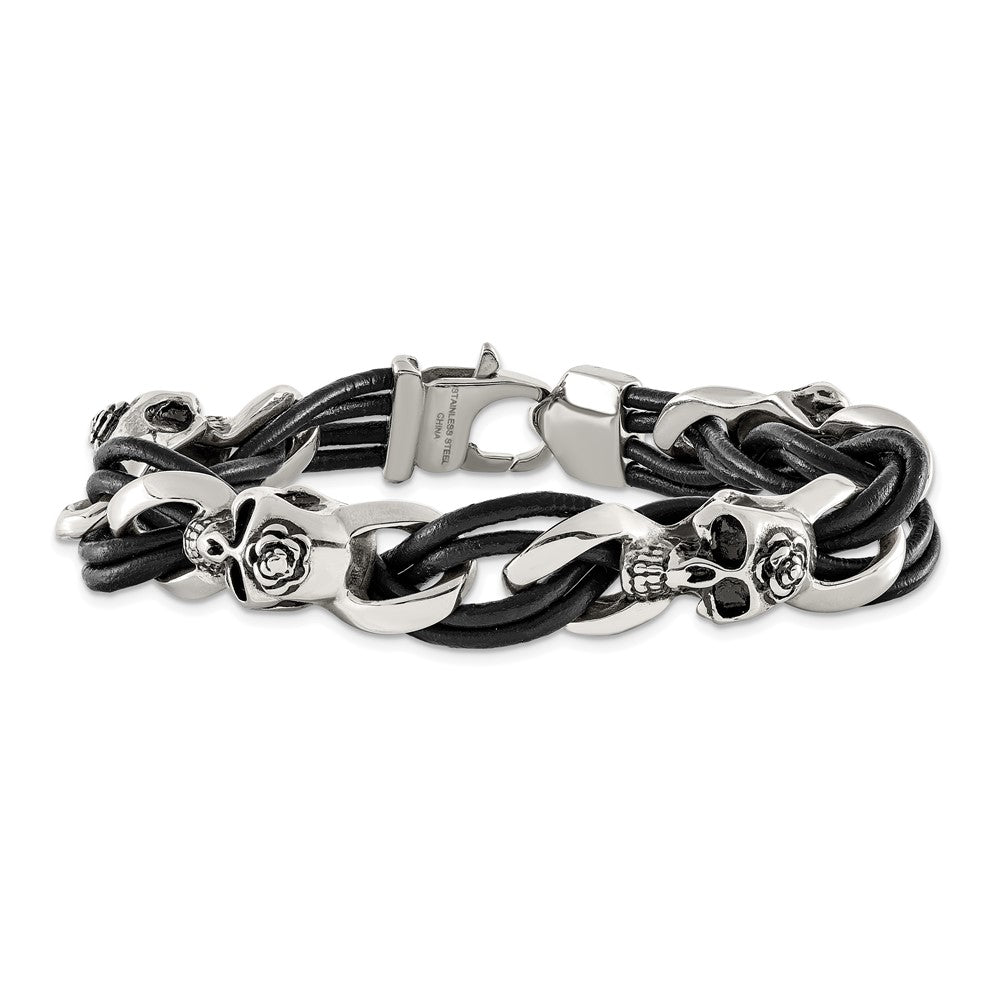 Stainless Steel Chisel Antiqued And Polished Skulls With Roses Black Leather 8 Inch Bracelet
