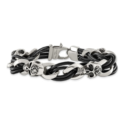 Stainless Steel Chisel Antiqued And Polished Skulls With Roses Black Leather 8 Inch Bracelet
