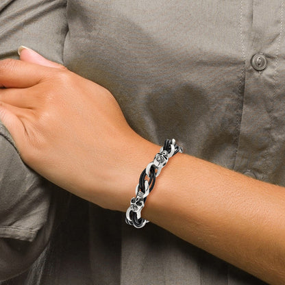 Stainless Steel Chisel Antiqued And Polished Skulls With Roses Black Leather 8 Inch Bracelet