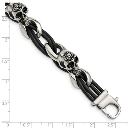 Stainless Steel Chisel Antiqued And Polished Skulls With Roses Black Leather 8 Inch Bracelet