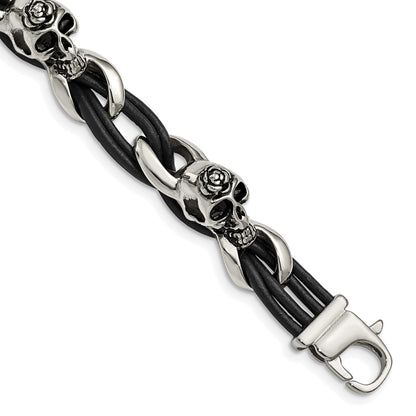 Stainless Steel Chisel Antiqued And Polished Skulls With Roses Black Leather 8 Inch Bracelet