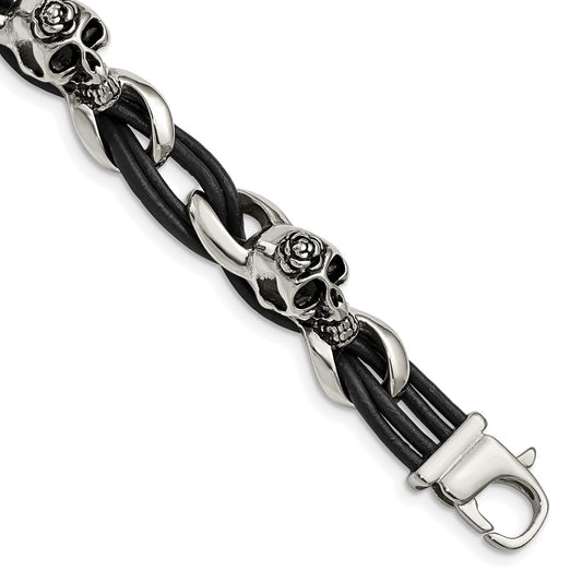 Stainless Steel Chisel Antiqued And Polished Skulls With Roses Black Leather 8 Inch Bracelet