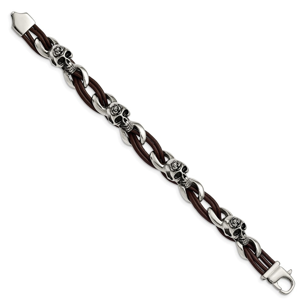 Stainless Steel Chisel Antiqued And Polished Skulls With Roses Brown Leather 8 Inch Bracelet