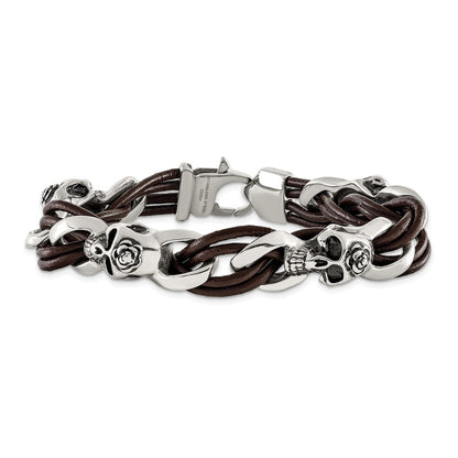 Stainless Steel Chisel Antiqued And Polished Skulls With Roses Brown Leather 8 Inch Bracelet