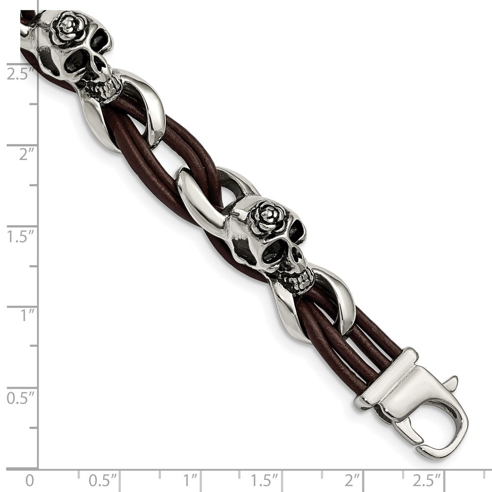 Stainless Steel Chisel Antiqued And Polished Skulls With Roses Brown Leather 8 Inch Bracelet