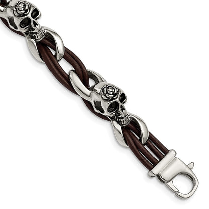 Stainless Steel Chisel Antiqued And Polished Skulls With Roses Brown Leather 8 Inch Bracelet
